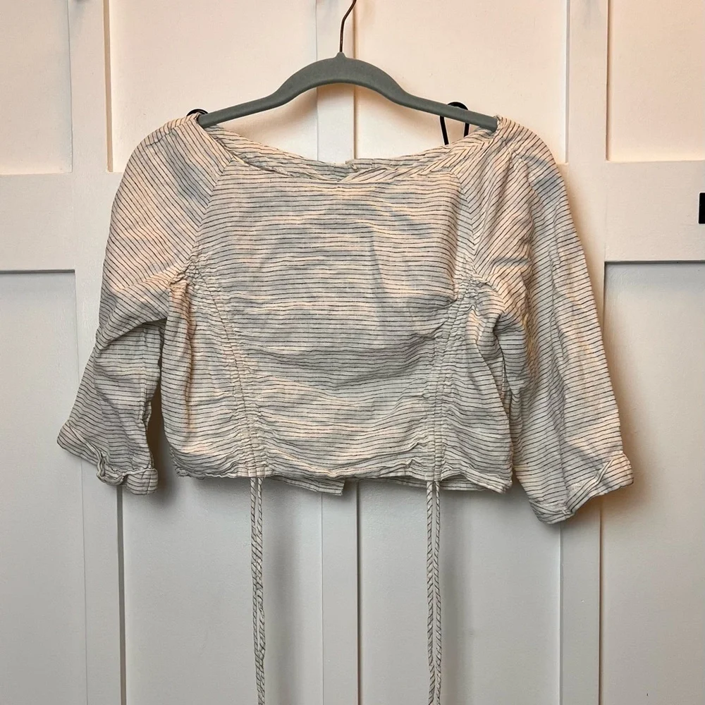 Zara Basic Crop Top Shirt Stripe 3/4 Length Sleeve Rouching Medium Coastal Boho